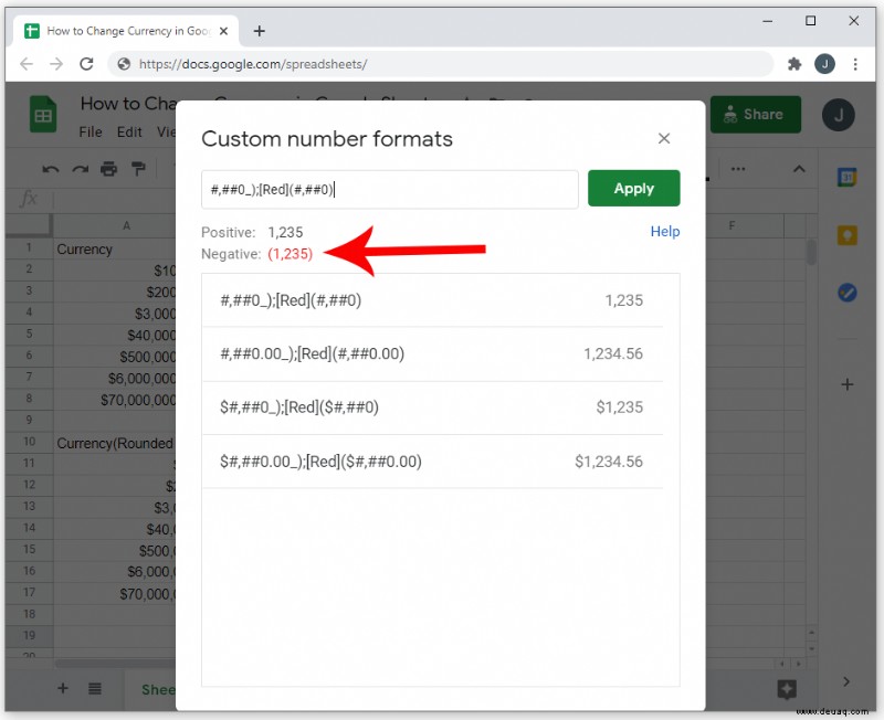 So ändern Sie die Währung in Google Tabellen