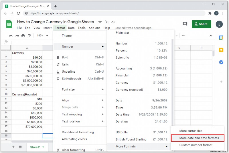 So ändern Sie die Währung in Google Tabellen