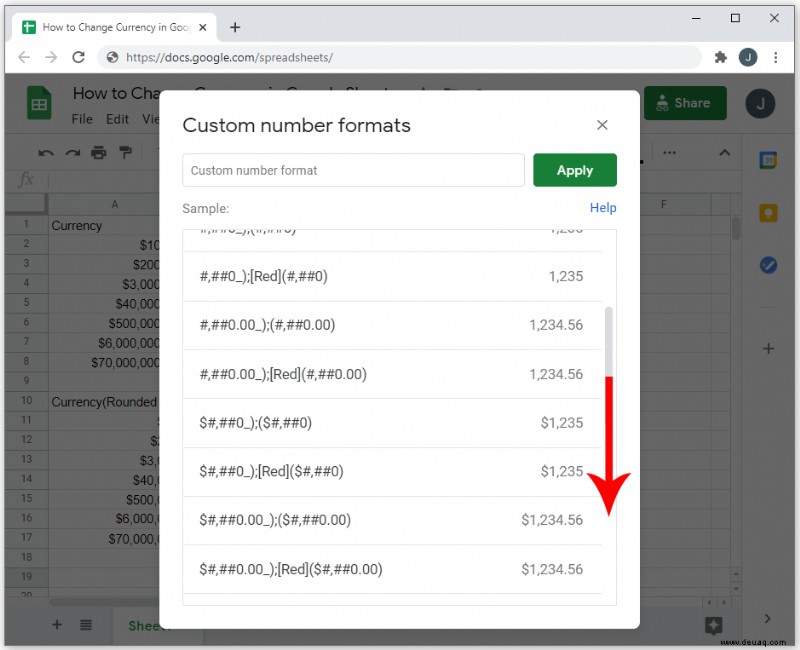 So ändern Sie die Währung in Google Tabellen