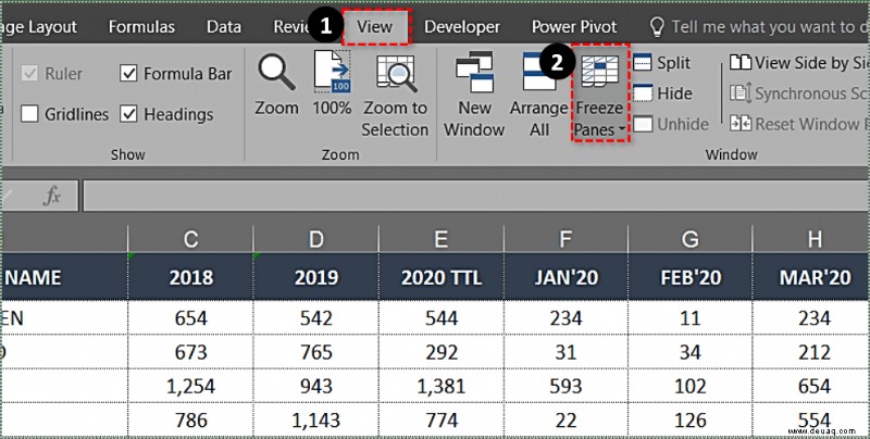 Einfrieren der obersten Zeile in Excel