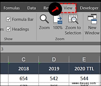 Einfrieren der obersten Zeile in Excel