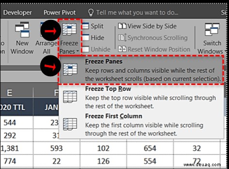 Einfrieren der obersten Zeile in Excel