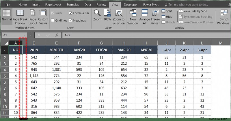 Einfrieren der obersten Zeile in Excel