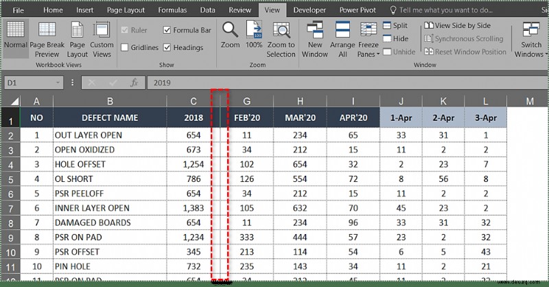 Einfrieren der obersten Zeile in Excel