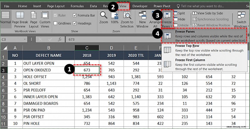 Einfrieren der obersten Zeile in Excel