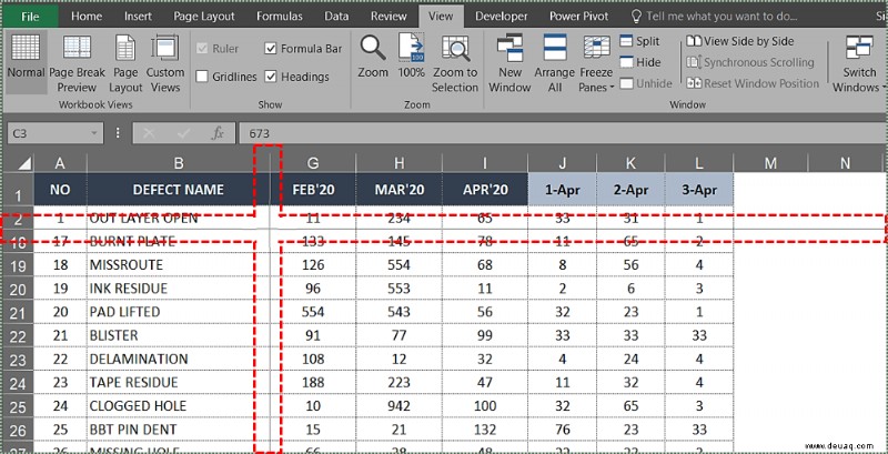 Einfrieren der obersten Zeile in Excel