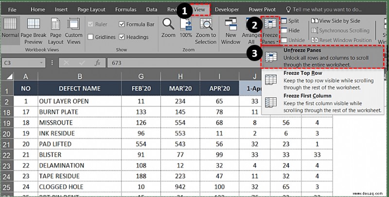 Einfrieren der obersten Zeile in Excel