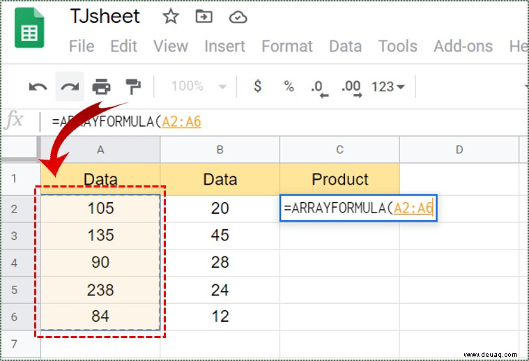 So multiplizieren Sie zwei Spalten in Google Tabellen