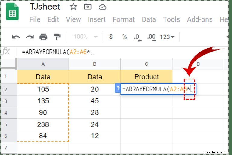 So multiplizieren Sie zwei Spalten in Google Tabellen