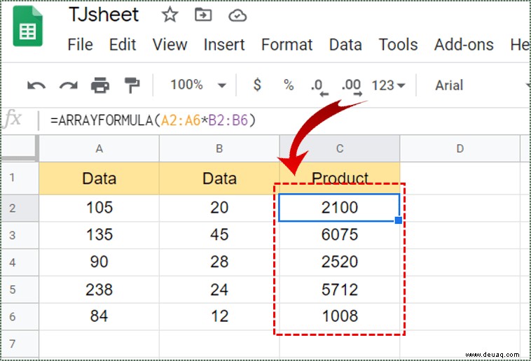 So multiplizieren Sie zwei Spalten in Google Tabellen