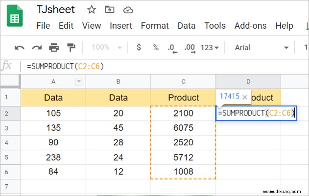 So multiplizieren Sie zwei Spalten in Google Tabellen