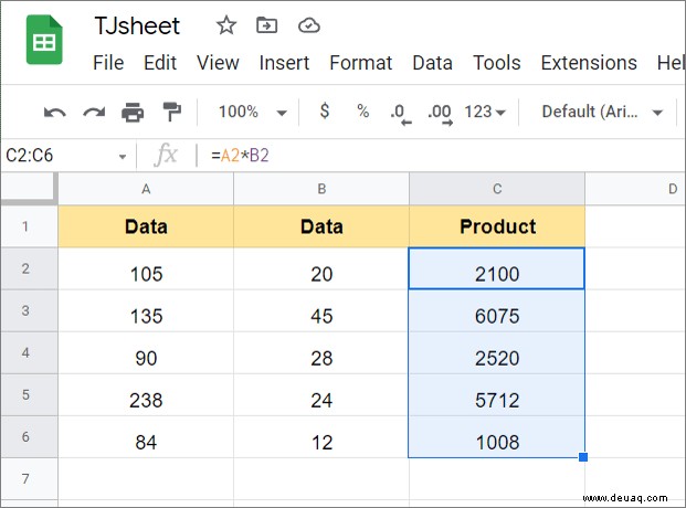 So multiplizieren Sie zwei Spalten in Google Tabellen