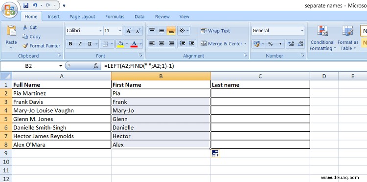 So trennen Sie Vor- und Nachnamen in Excel