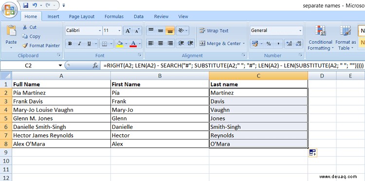 So trennen Sie Vor- und Nachnamen in Excel