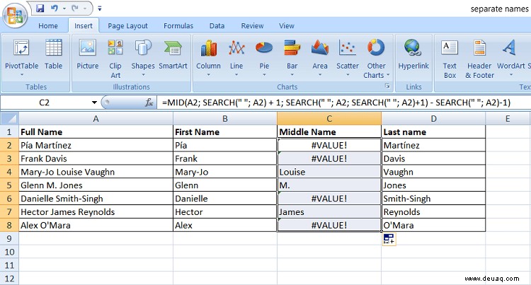 So trennen Sie Vor- und Nachnamen in Excel