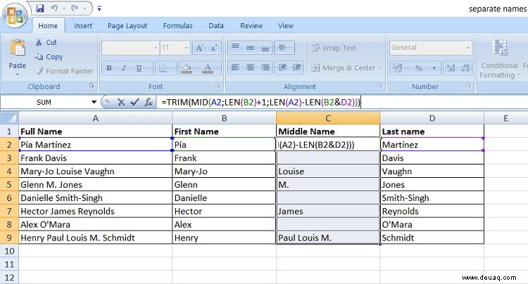 So trennen Sie Vor- und Nachnamen in Excel