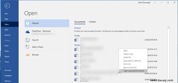 So löschen Sie zuletzt verwendete Dokumente in Microsoft Word