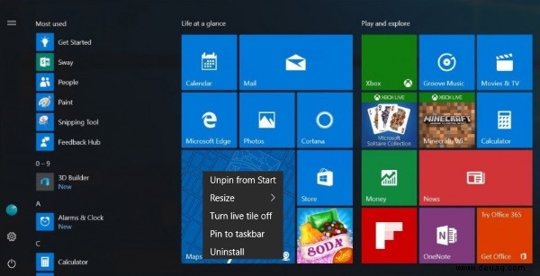 Verschieben, Ändern der Größe, Hinzufügen und Entfernen von Kacheln in Windows 10