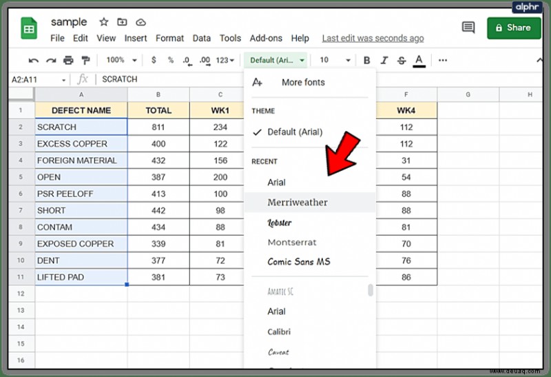 So ändern Sie die Schriftart in Google Tabellen