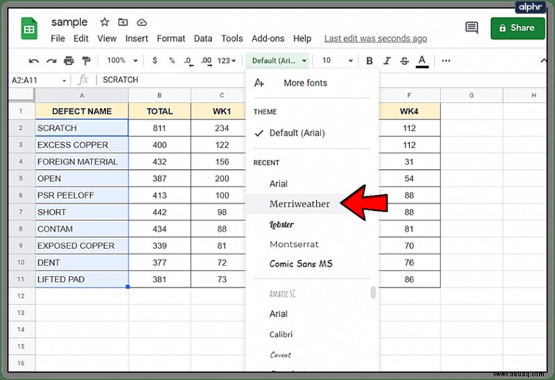 So ändern Sie die Schriftart in Google Tabellen
