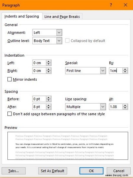 So ändern Sie die Einzugsmaße in Microsoft Word von Zoll in cm