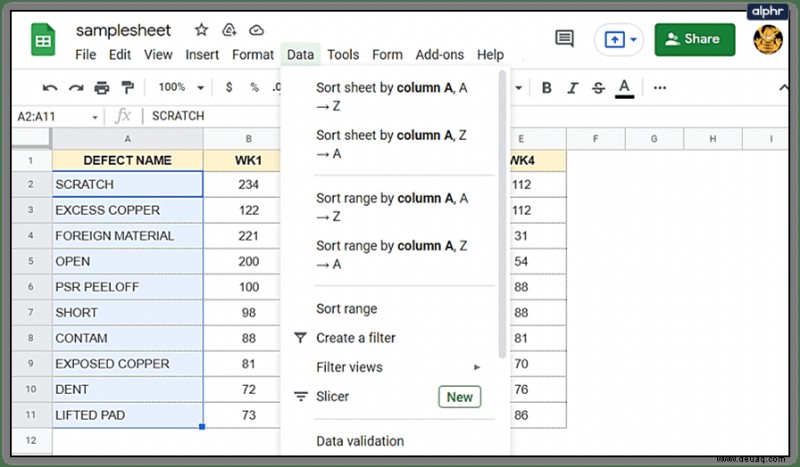 So alphabetisieren Sie Daten durch Sortieren in Google Tabellen