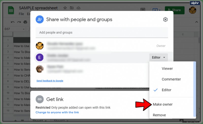 So ändern Sie den Eigentümer eines Google-Tabellenblatts