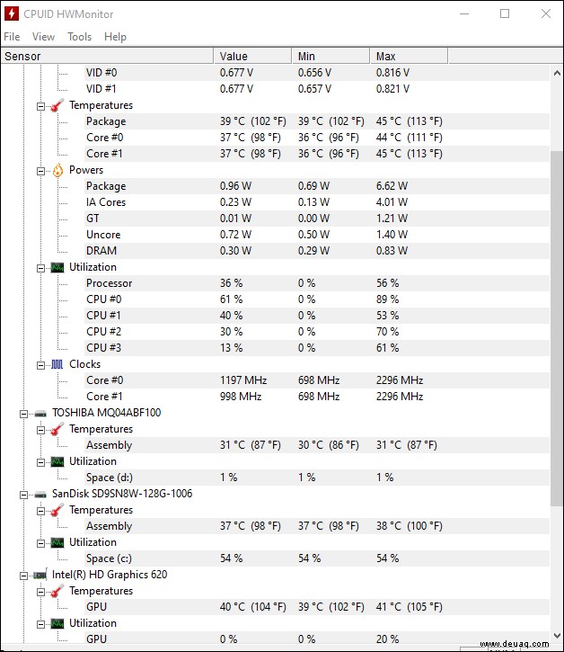 Anzeigen der CPU-Temperatur in Windows 10