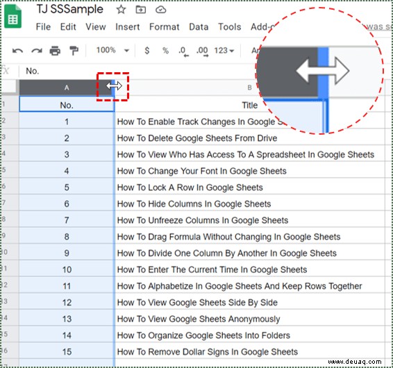 So ändern Sie die Spaltenbreite in Google Tabellen