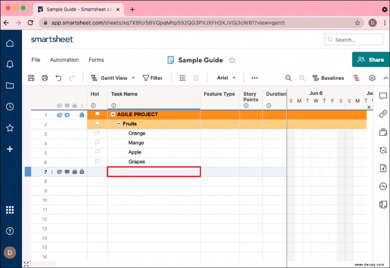 So fügen Sie eine Unteraufgabe in Smartsheet hinzu