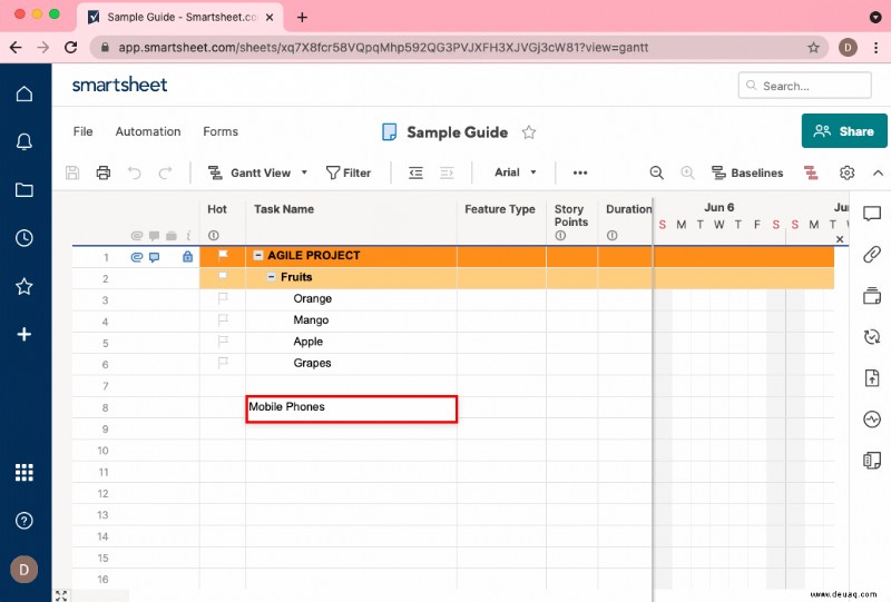 So fügen Sie eine Unteraufgabe in Smartsheet hinzu