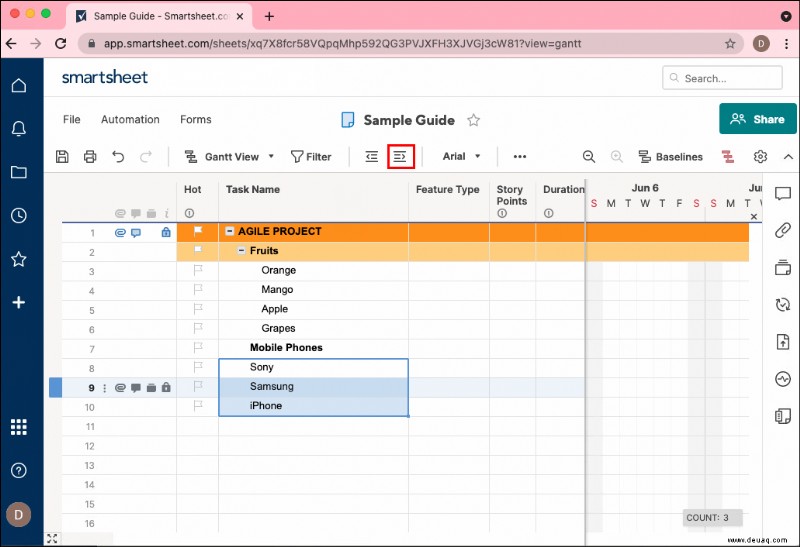 So fügen Sie eine Unteraufgabe in Smartsheet hinzu