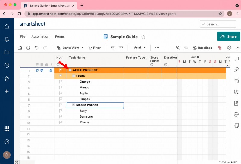 So fügen Sie eine Unteraufgabe in Smartsheet hinzu