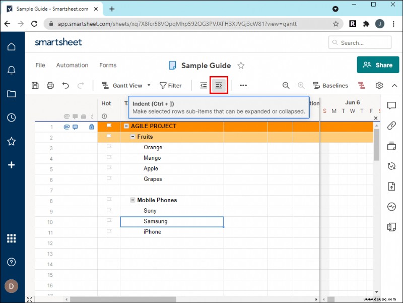 So fügen Sie eine Unteraufgabe in Smartsheet hinzu