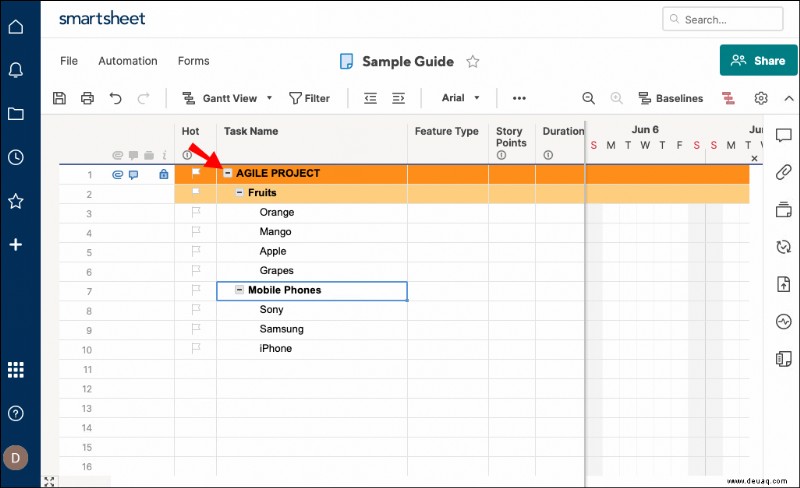 So fügen Sie eine Unteraufgabe in Smartsheet hinzu