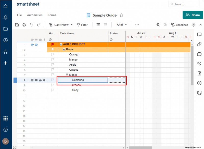 So fügen Sie eine Unteraufgabe in Smartsheet hinzu