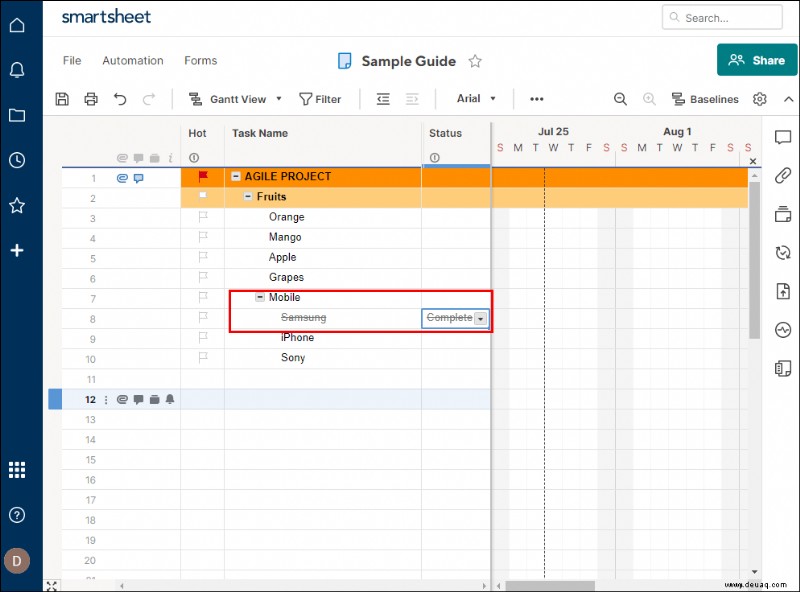 So fügen Sie eine Unteraufgabe in Smartsheet hinzu