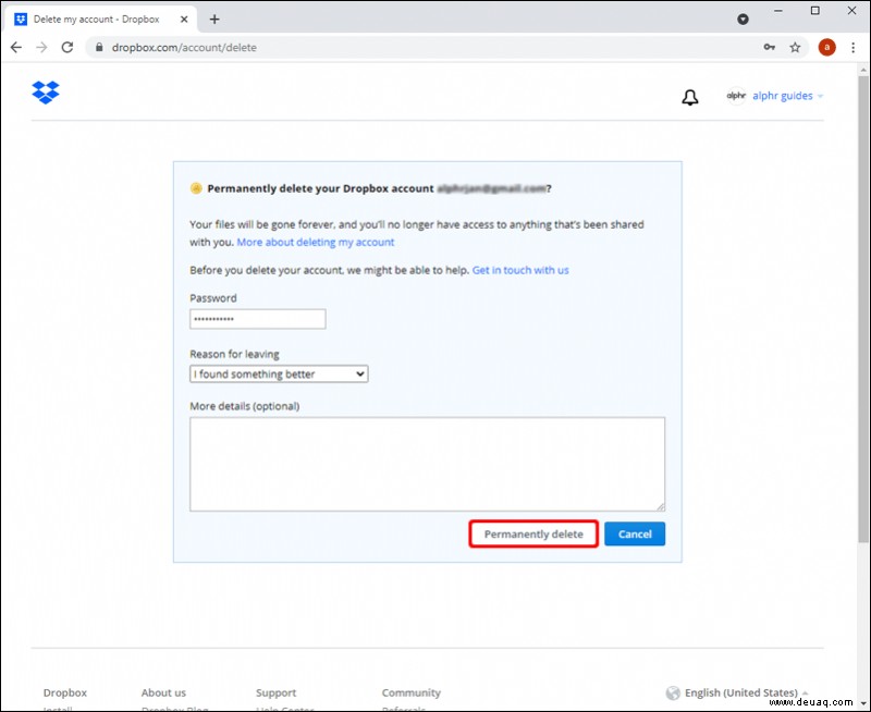 So löschen Sie ein Dropbox-Konto