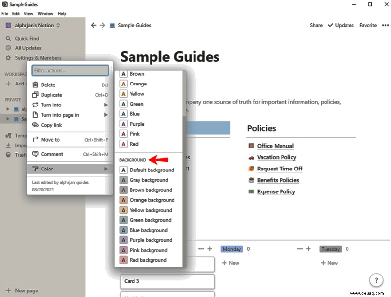 So ändern Sie die Hintergrundfarbe in Notion