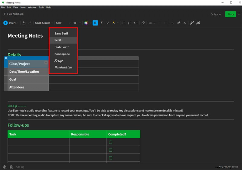 So ändern Sie die Standardschriftart in Evernote