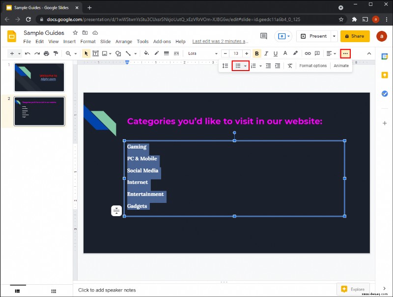 So fügen Sie Aufzählungszeichen in Google Slides hinzu