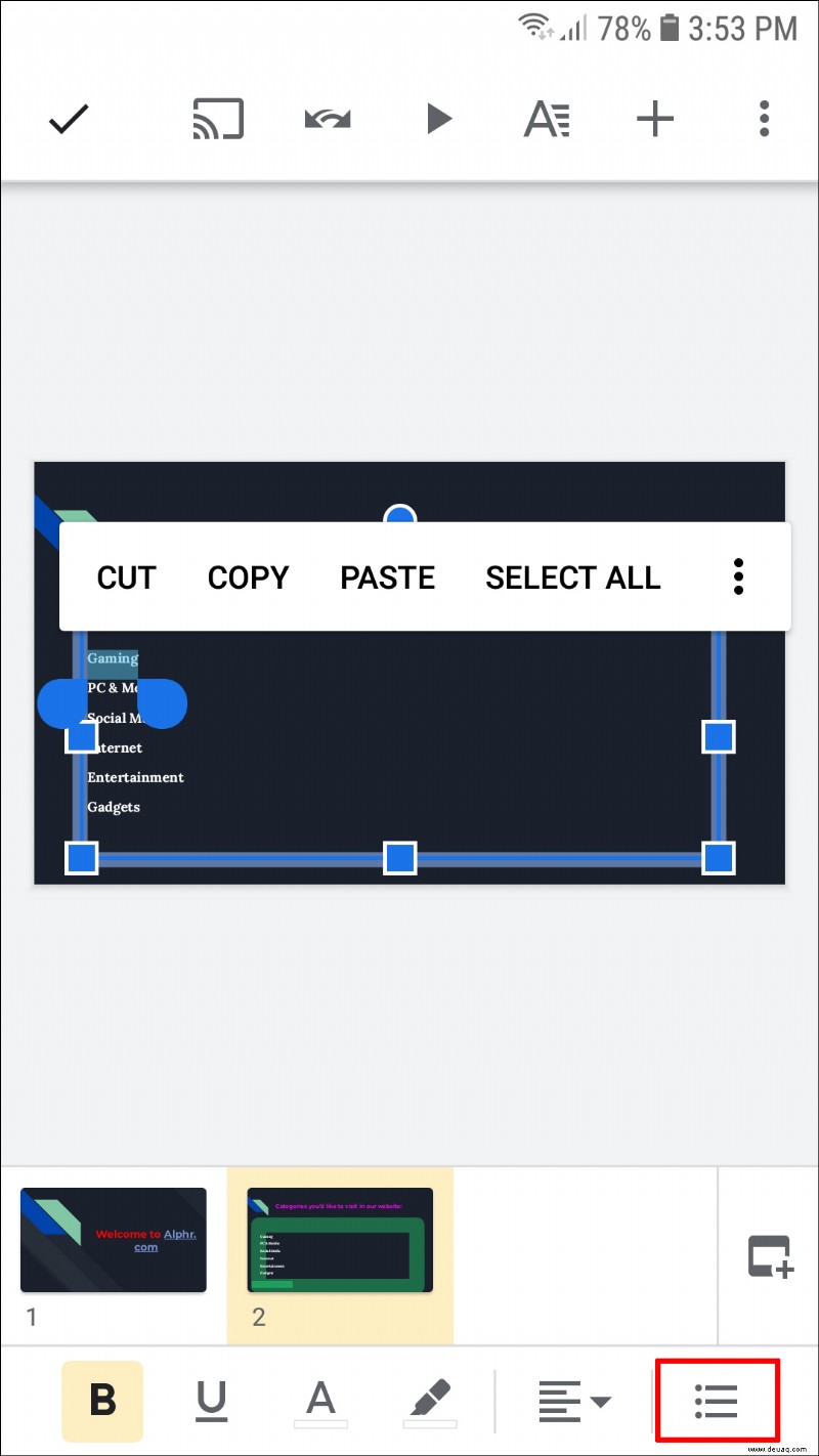 So fügen Sie Aufzählungszeichen in Google Slides hinzu