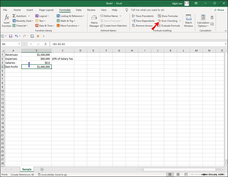 So finden Sie eine Zirkelreferenz in Excel