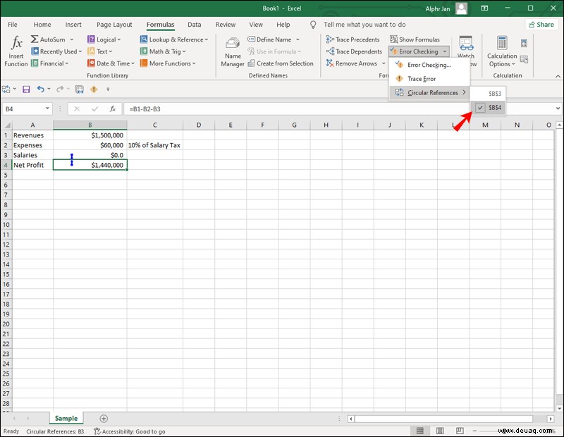 So finden Sie eine Zirkelreferenz in Excel