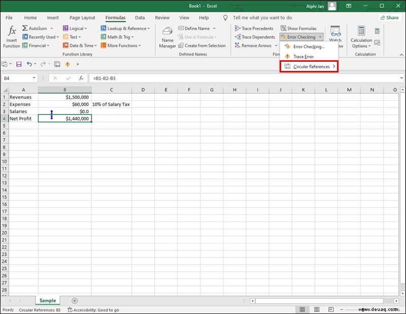 So finden Sie eine Zirkelreferenz in Excel