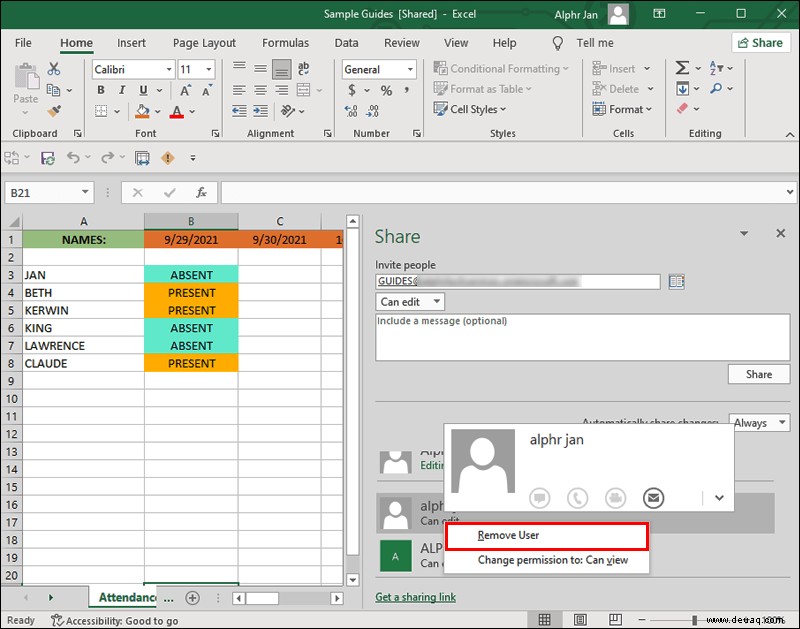 So entfernen Sie gemeinsame Zugriffsberechtigungen für jemanden in einer Excel-Datei