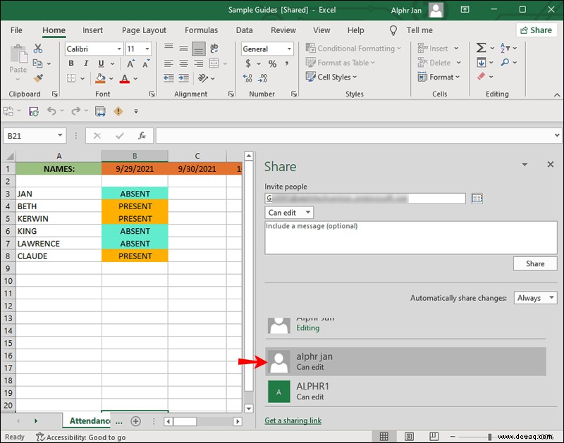 So entfernen Sie gemeinsame Zugriffsberechtigungen für jemanden in einer Excel-Datei