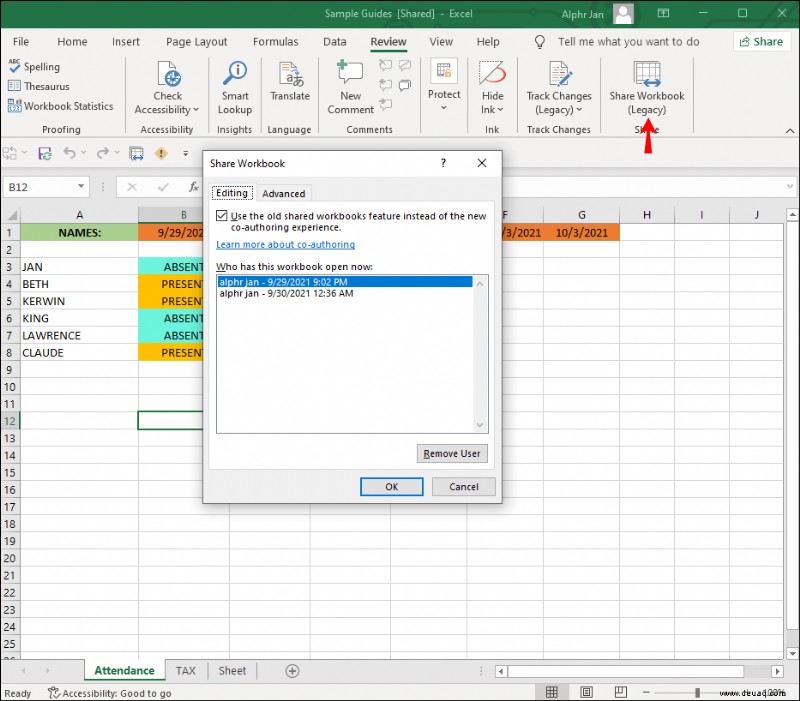 So entfernen Sie gemeinsame Zugriffsberechtigungen für jemanden in einer Excel-Datei