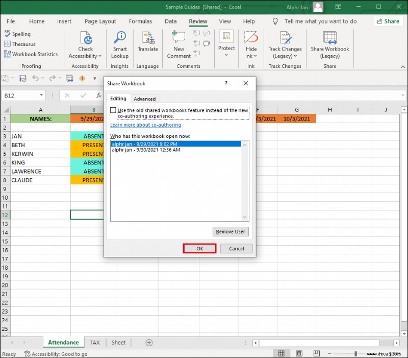 So entfernen Sie gemeinsame Zugriffsberechtigungen für jemanden in einer Excel-Datei