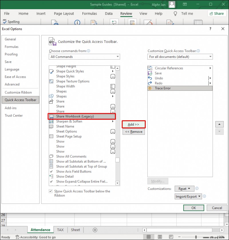 So entfernen Sie gemeinsame Zugriffsberechtigungen für jemanden in einer Excel-Datei